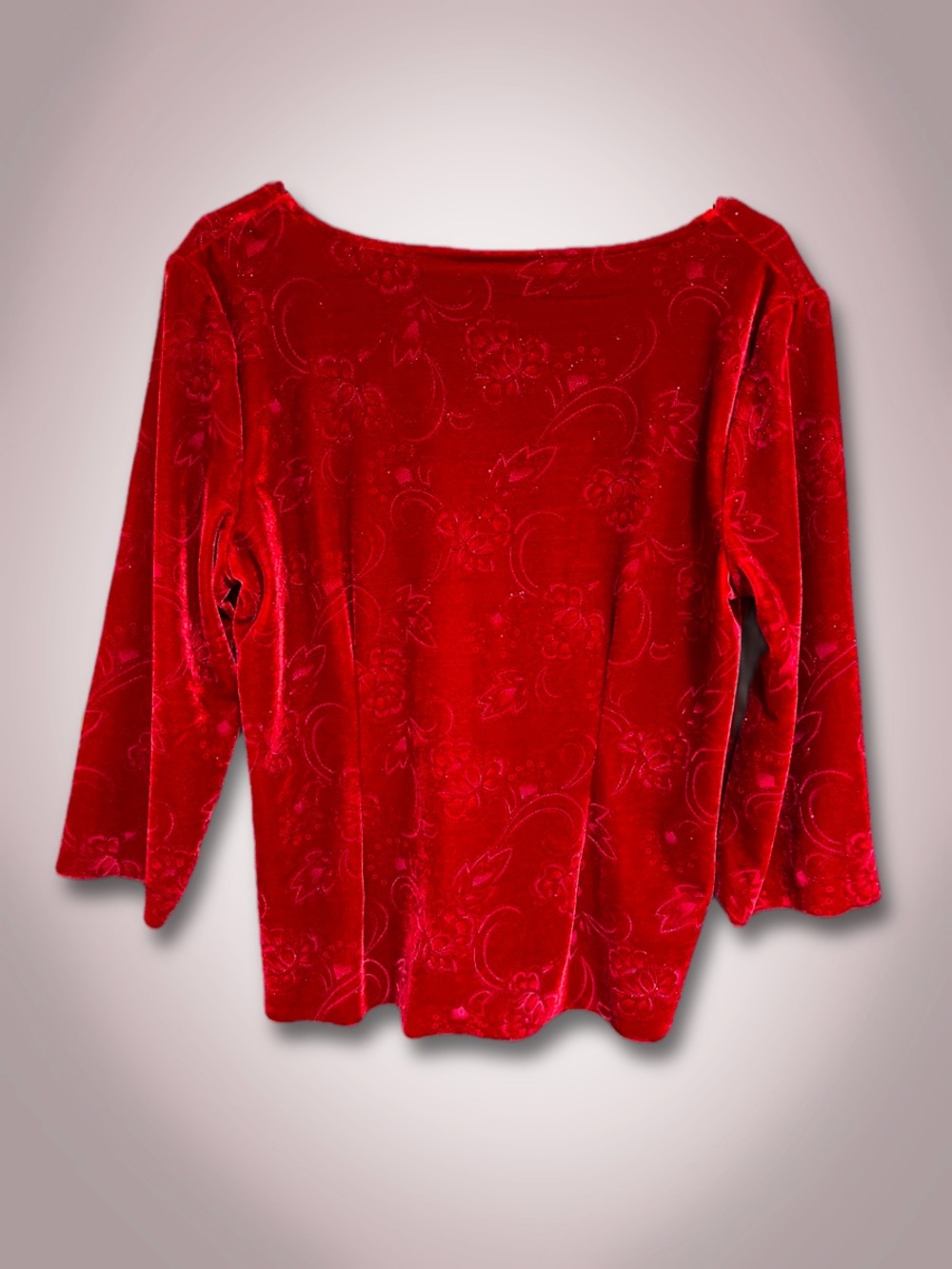 Ruby red glittery flor velvet 90s vintage top with lace neckline - Picture 2 of 4